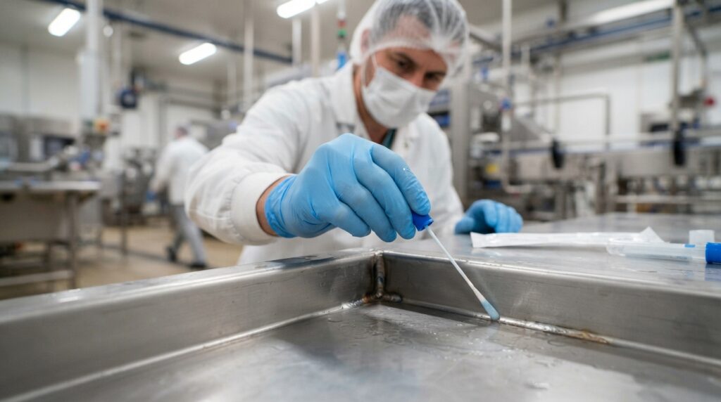 Gloved technician swabbing a food production surface for environmental pathogen testing under FSMA