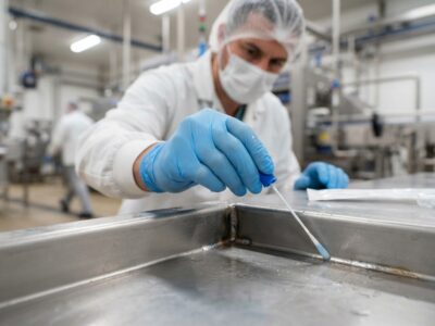 Gloved technician swabbing a food production surface for environmental pathogen testing under FSMA