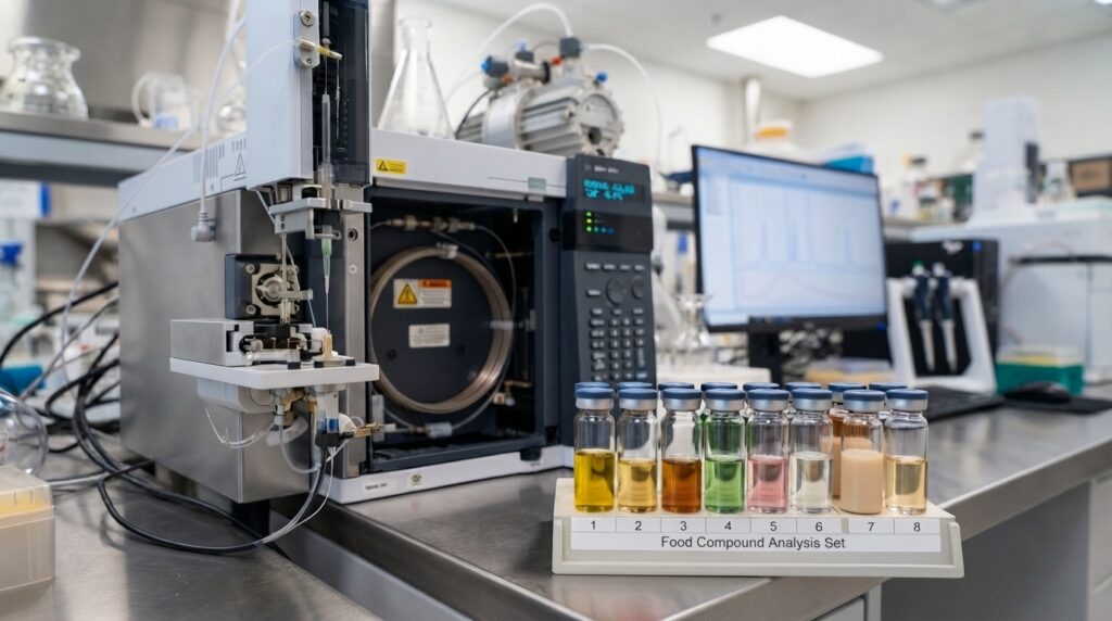 A gas chromatography mass spectrometry instrument and glass vials used for flavor profiling in an analytical laboratory.
