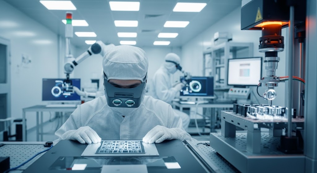 Technician in a cleanroom suit inspecting electronic components under magnification, with advanced testing equipment in the background.