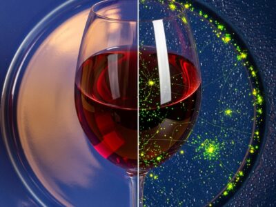 The image shows a wine glass and ceramic plate, split to contrast normal appearance with food safety testing. The right side reveals glowing green particles, simulating contamination detection—highlighting how glass and ceramics are tested for food safety, including chemical residues and surface cleanliness.