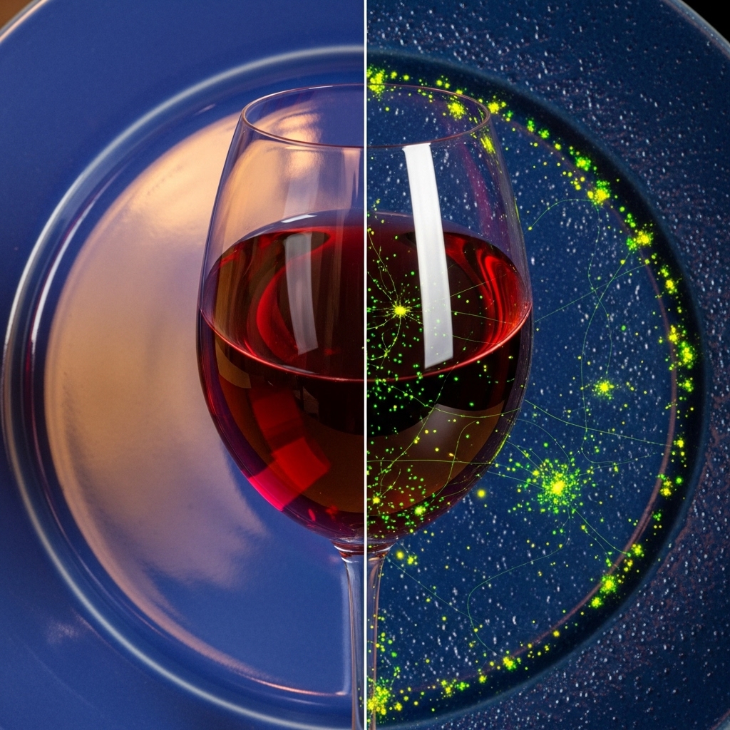 The image shows a wine glass and ceramic plate, split to contrast normal appearance with food safety testing. The right side reveals glowing green particles, simulating contamination detection—highlighting how glass and ceramics are tested for food safety, including chemical residues and surface cleanliness.