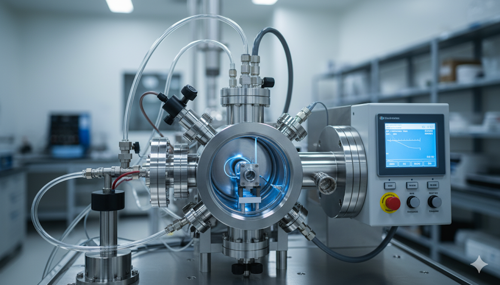 Helium Mass Spectrometry Leak Detection (MSLD) testing a ceramic-metal hermetic seal in a vacuum chamber.