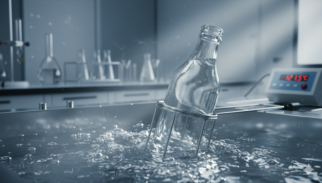 Close-up of a glass bottle in a thermal shock test apparatus in a professional lab.