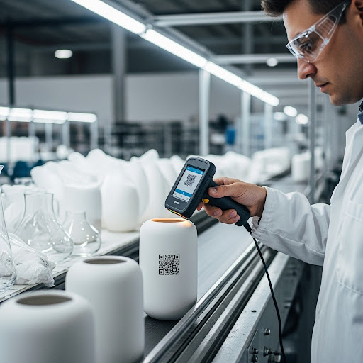 A laboratory technician wearing safety glasses uses a handheld scanner to read a QR code printed on a white ceramic container moving along a production line, with other lab glassware visible in the background.