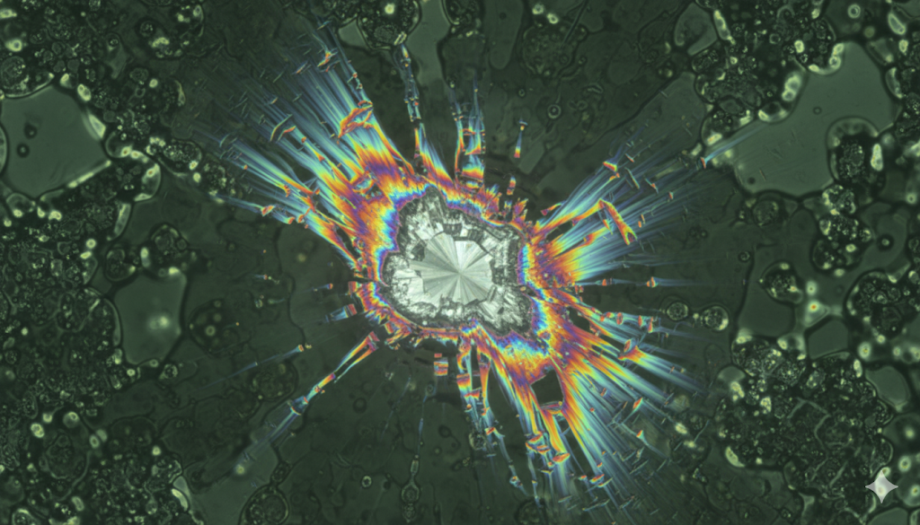 High-magnification image of a crystalline inclusion in glass showing polarized light stress patterns for defect analysis.