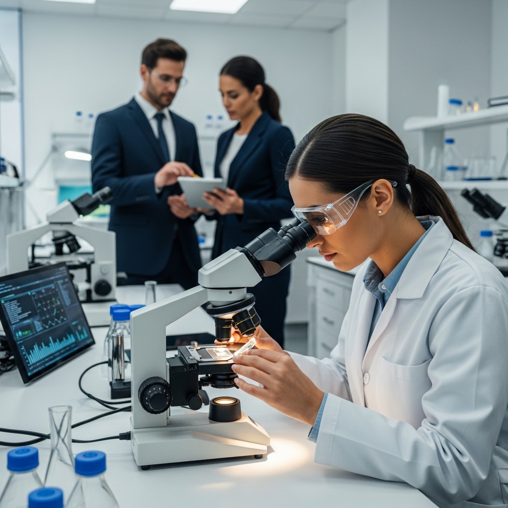 A female scientist in a white lab coat and safety goggles examines a sample through a microscope in a modern laboratory, with two colleagues in business attire discussing data on a tablet in the background.