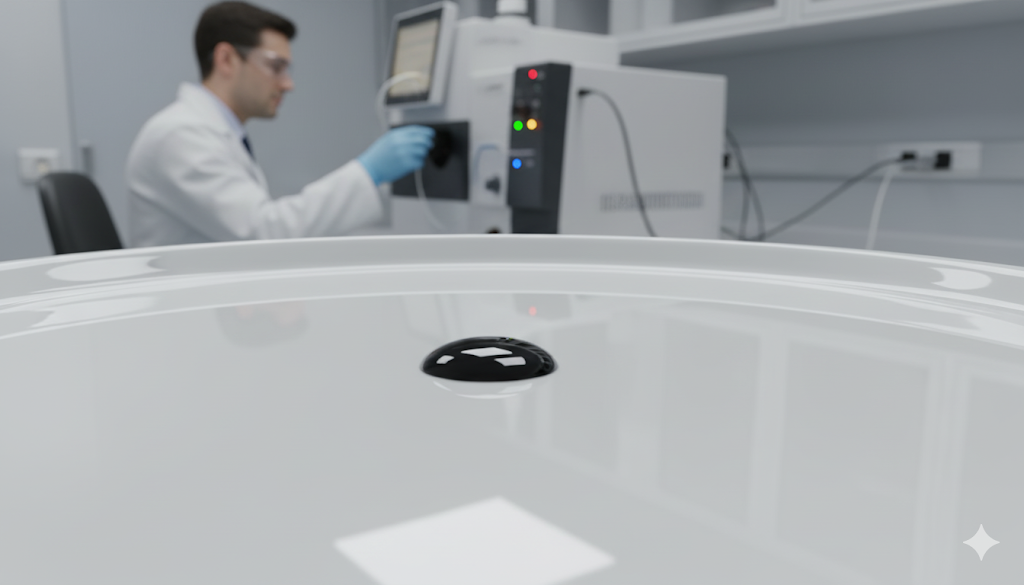 Chemical resistance test on porcelain enamel with acid drop in lab.