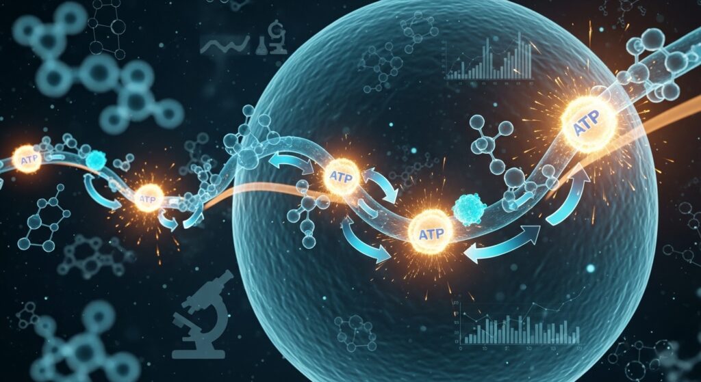 illustrating of a glycolofis pathway showing glowing ATP molecules