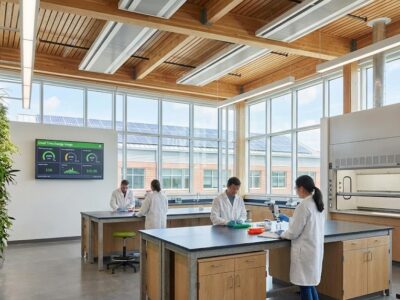 A bright, modern laboratory interior featuring a large living green wall on the left, exposed mass timber ceiling beams, and scientists working at benches. Large windows fill the room with natural light and show rooftop solar panels on the building outside.
