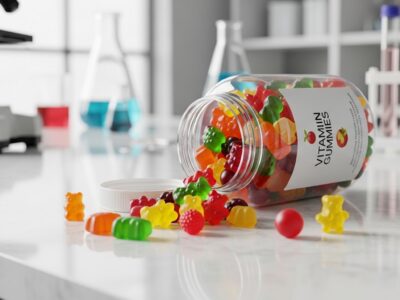 a modern lab with a botthe loggummy vitamins spilled on the bench for testing