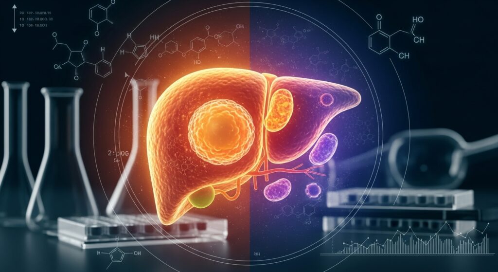 Illustration of a human liver and laboratory equipment illustrating hepatotoxicity testing