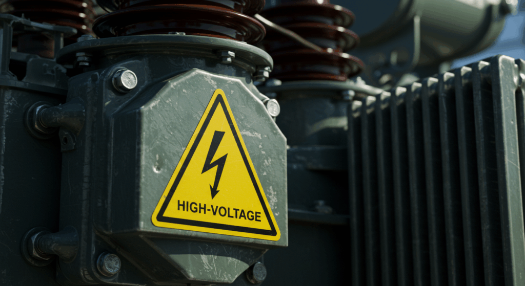 High Voltage & Power Testing: Close-up of a high-voltage warning sign on electrical power equipment.