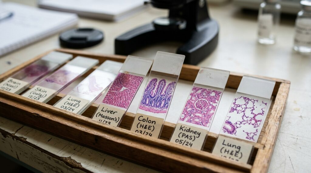 a gorup of histology stains in a laboraotory bench illustrating the importance of proper histology sample preparation