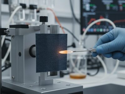 Lab technician performs flammability test on upholstery fabric in a modern accredited laboratory, demonstrating fire safety compliance for home textiles.