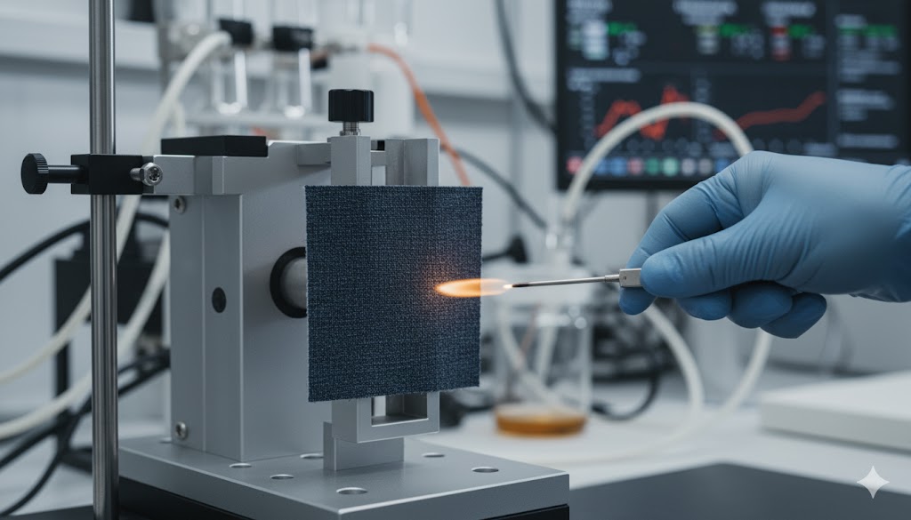 Lab technician performs flammability test on upholstery fabric in a modern accredited laboratory, demonstrating fire safety compliance for home textiles.