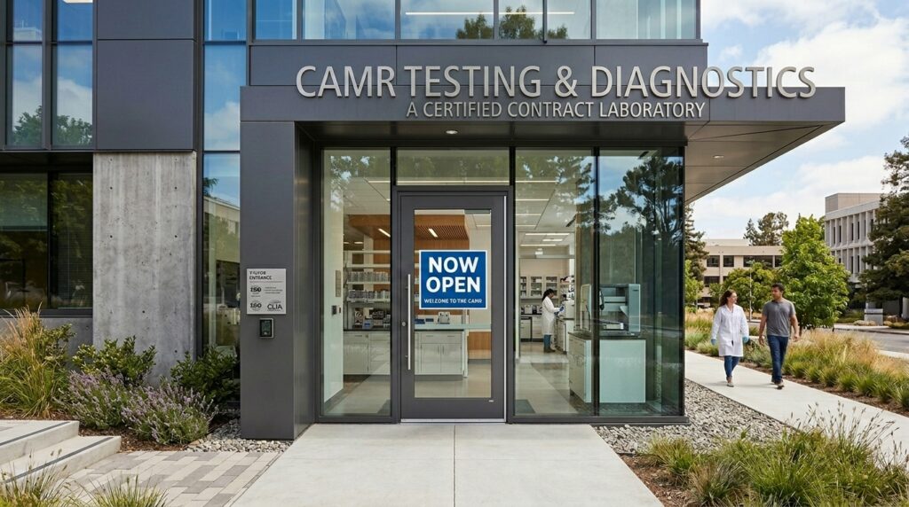 exterior image of a contract laboratory with a "now open" sign on the door