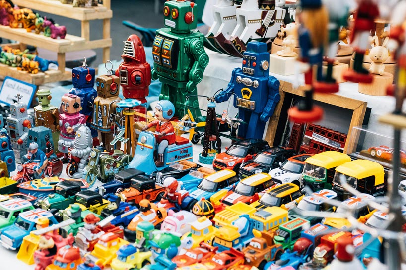 A display of children's toys of various shapes and sizes.