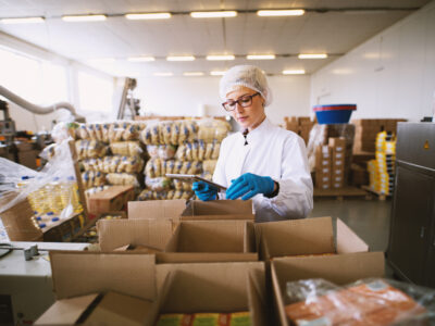 Young female worker in PPE is using tablet to check right number of consumer products packages.