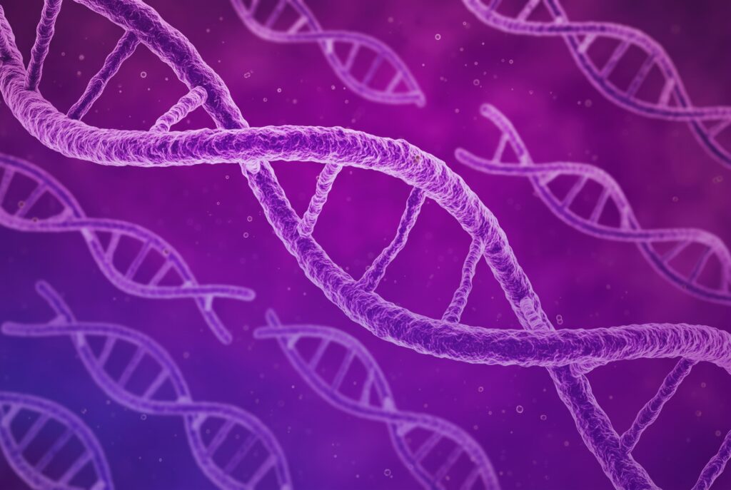 Stylized 3D rendering of DNA double helix structures illustrating oligonucleotide synthesis services and genomics manufacturing expansion.
