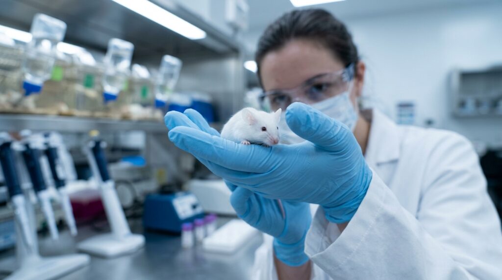 close-up view of a lab technician holding a while lab mouse