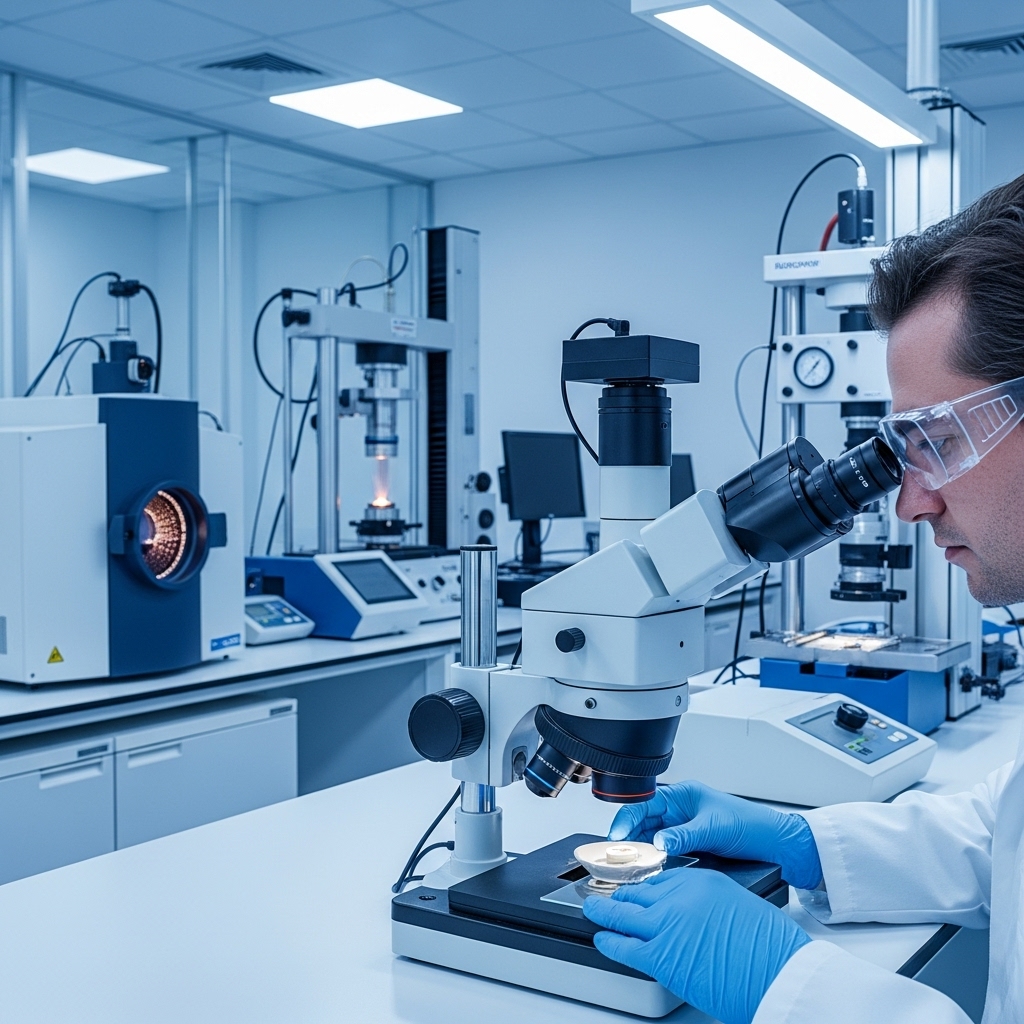 Scientist in safety glasses and gloves examining a sample under a microscope in a laboratory equipped with precision testing instruments.