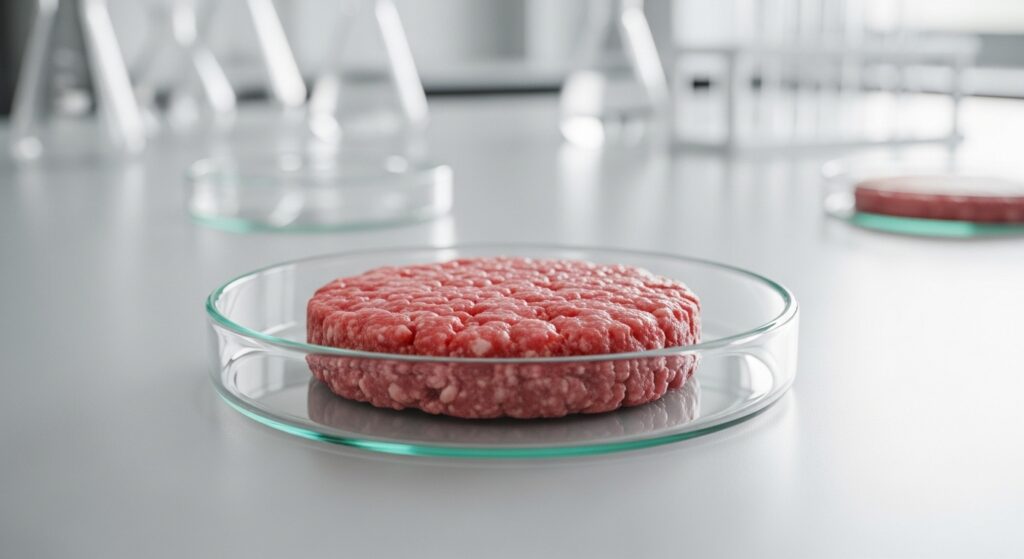 a lab-grown meat patty i a petri dish illustrating the imprtance of lab validation