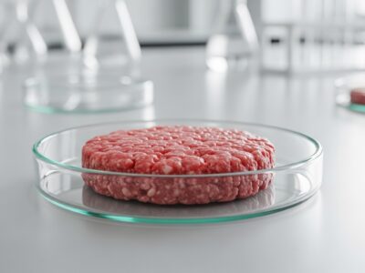 a lab-grown meat patty i a petri dish illustrating the imprtance of lab validation