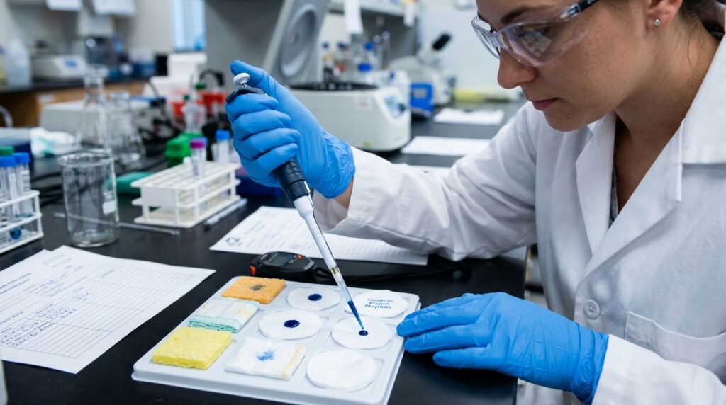 A lab technician performs absorbancy testing on various samples.