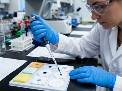A lab technician performs absorbancy testing on various samples.