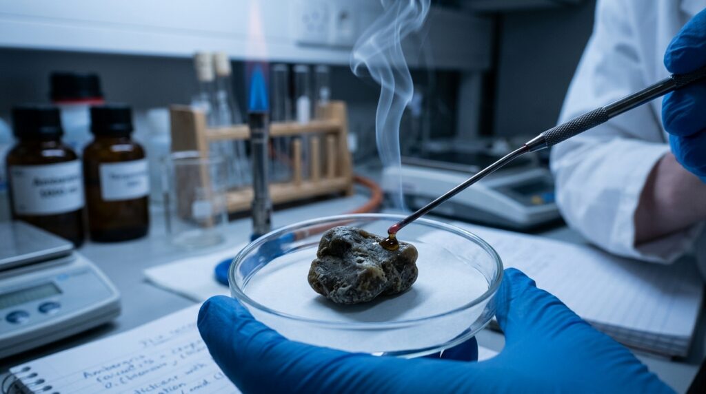 close-up view of a grey lump of ambergris in a Petri dish indergoing authenticity testing