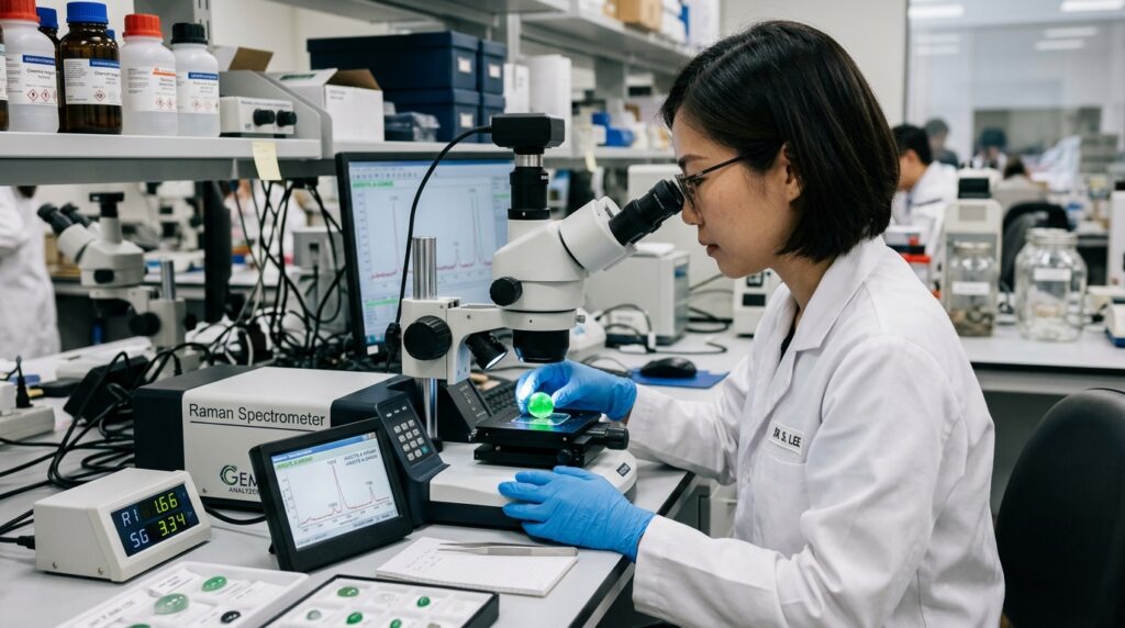 Laboratory technician performing testing ona samle of jade