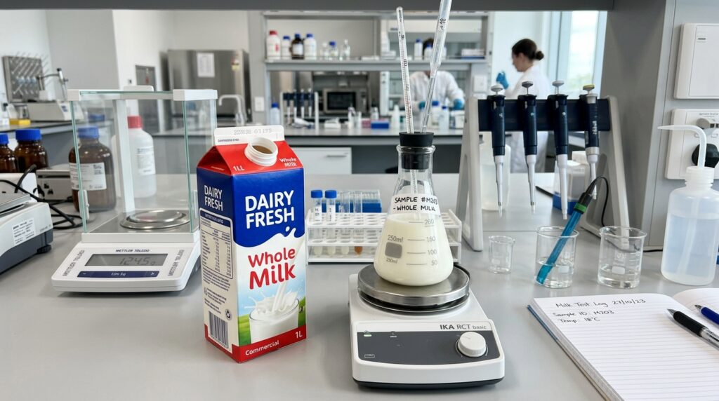 carton of milk an a laboratory bench being prepared for milk testing