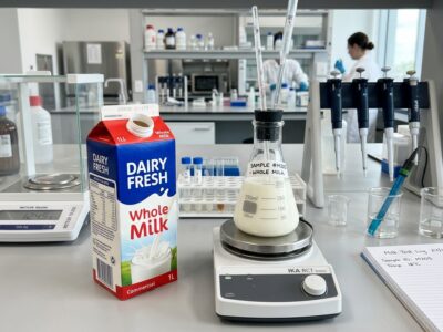 carton of milk an a laboratory bench being prepared for milk testing