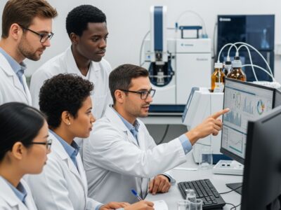 A group of five laboratory scientists in white lab coats reviews analytical data on a large computer monitor, with graphs and charts visible, in a modern laboratory equipped with advanced scientific instruments.