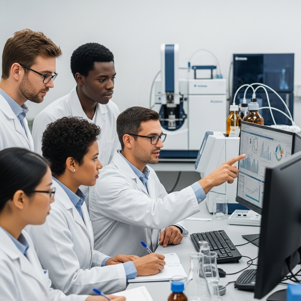 A group of five laboratory scientists in white lab coats reviews analytical data on a large computer monitor, with graphs and charts visible, in a modern laboratory equipped with advanced scientific instruments.