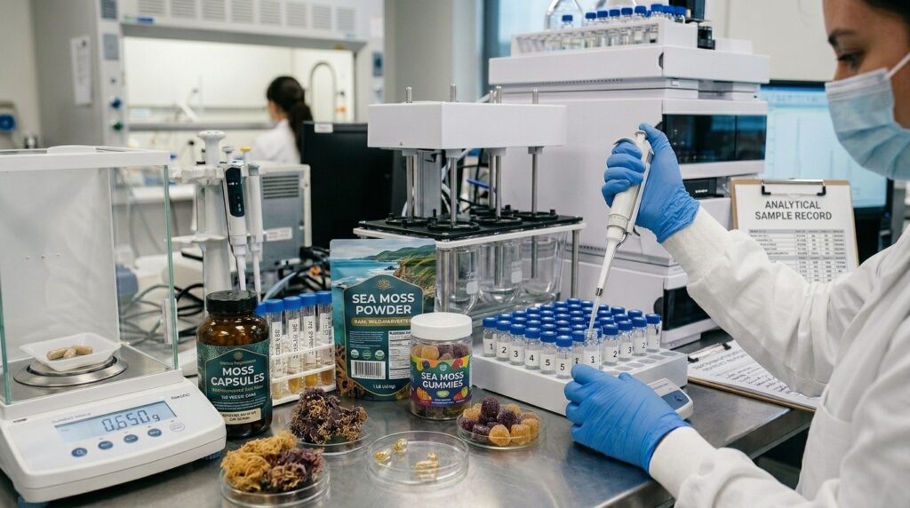 laboratory technician performaing analytical tests on sea moss supplements
