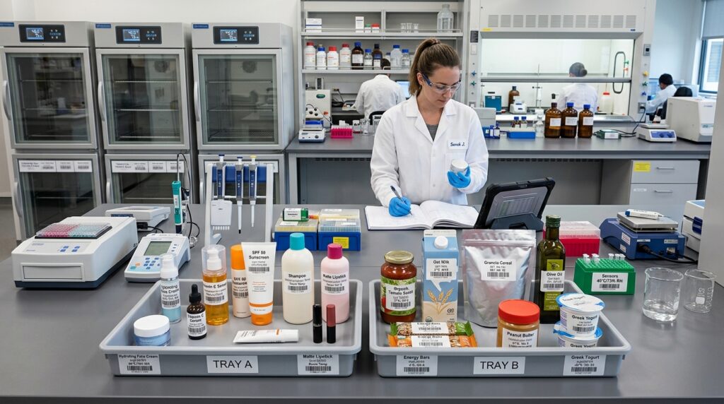 various consmer goods and food products on a labortory bench as a lab technician prepares to consuct stability studies