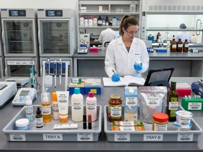various consmer goods and food products on a labortory bench as a lab technician prepares to consuct stability studies