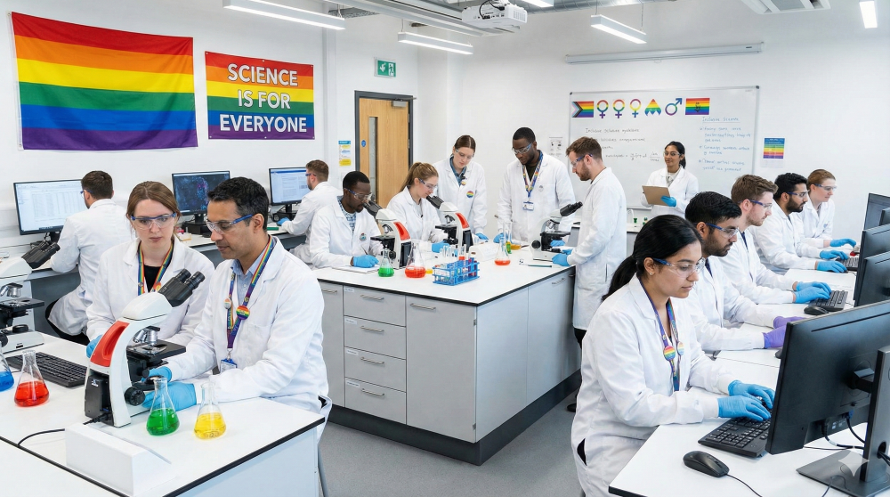 a bright LGBTQ+-friendly lab with pride flag on wall