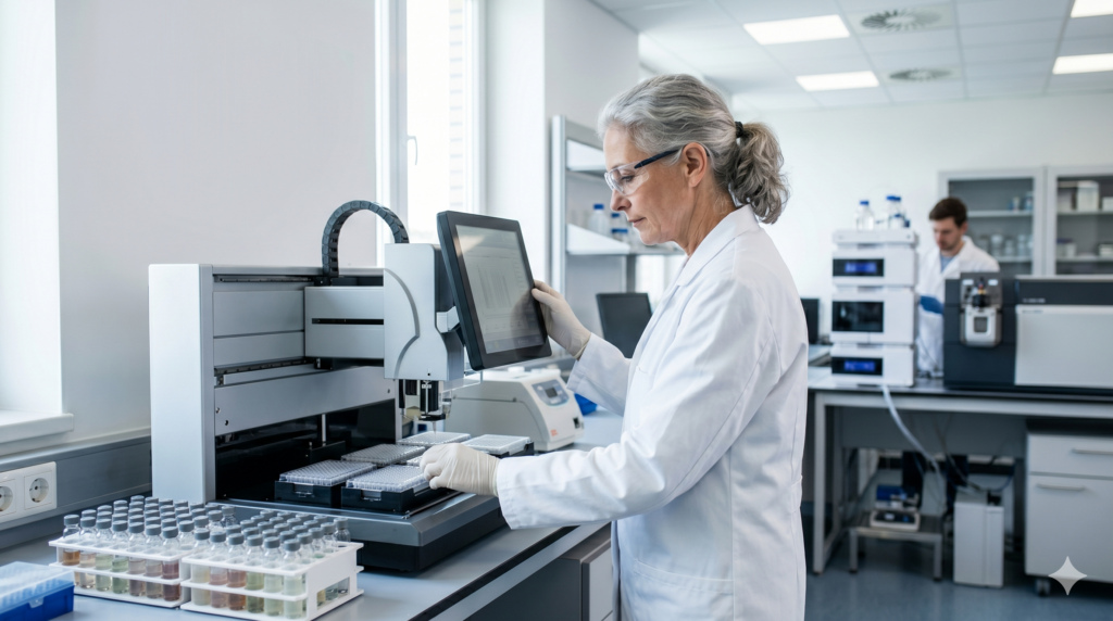 A female scientist operates an automated liquid handling system for a ligand binding assay in a modern laboratory.