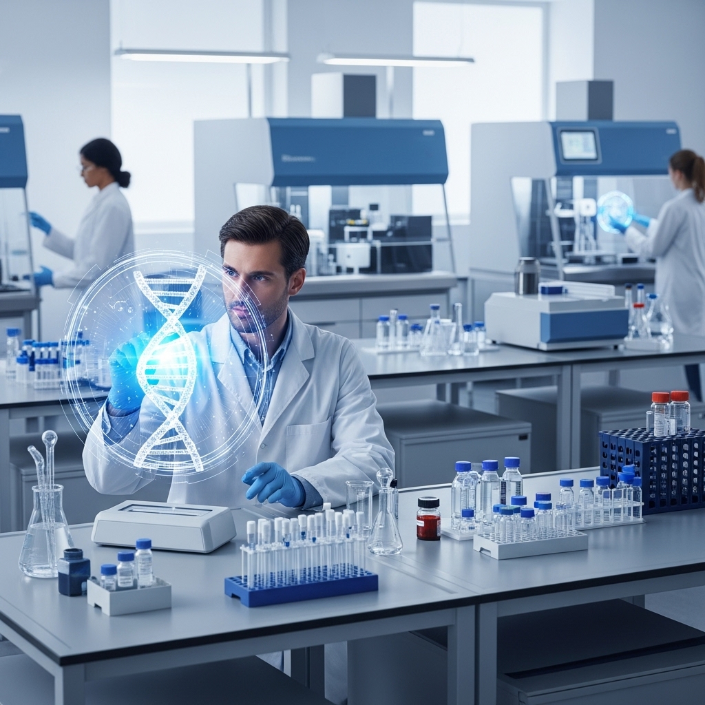 A scientist in a laboratory sits at a workbench, wearing a white lab coat and blue gloves, holding a holographic double-helix DNA model in front of them. The bench is covered with test tubes, vials, and laboratory glassware. In the background, other scientists work at similar benches with advanced lab equipment, while additional glowing DNA holograms appear in the air.