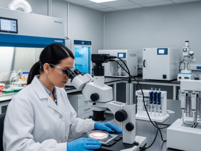 A laboratory technician in a white coat and safety goggles examines a petri dish under a stereo microscope in a modern lab, with scientific equipment and test tube racks visible in the background.