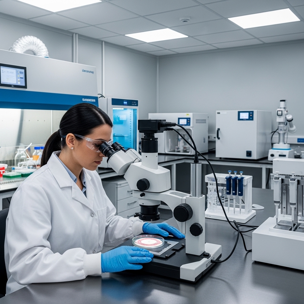 A laboratory technician in a white coat and safety goggles examines a petri dish under a stereo microscope in a modern lab, with scientific equipment and test tube racks visible in the background.