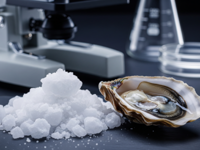 sea salt and oyster on a laboratory bench illustrating the importnace of microplastics testing in food products