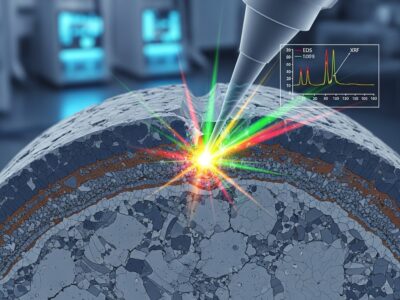Close-up of a laser conducting microstructural and compositional analysis on a material cross-section, with spectral data displayed.