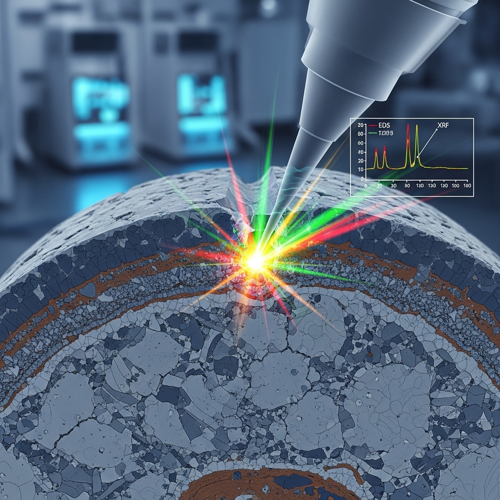 Close-up of a laser conducting microstructural and compositional analysis on a material cross-section, with spectral data displayed.