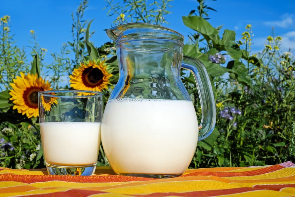 Image of a pitcher and glass of milk on a wooden table with sunflowers
