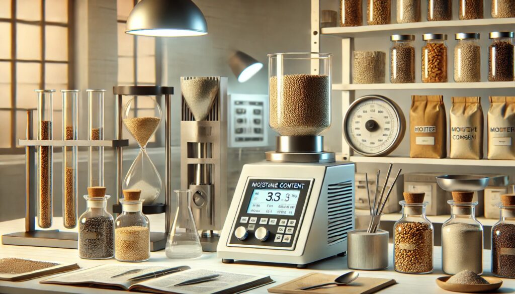 image depicting a modern laboratory bench focused on moisture content testing. The scene showcases sophisticated lab equipment and various samples