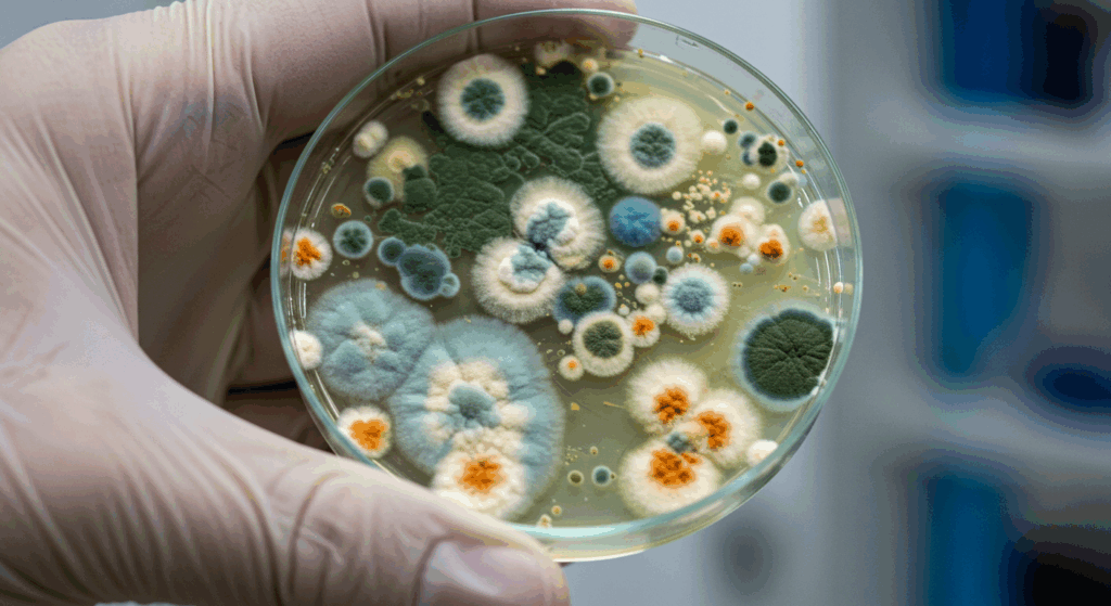 a gloved hand holding a Petri Disch with various colorful mold growths illustrating the importance of mold and fungus testing